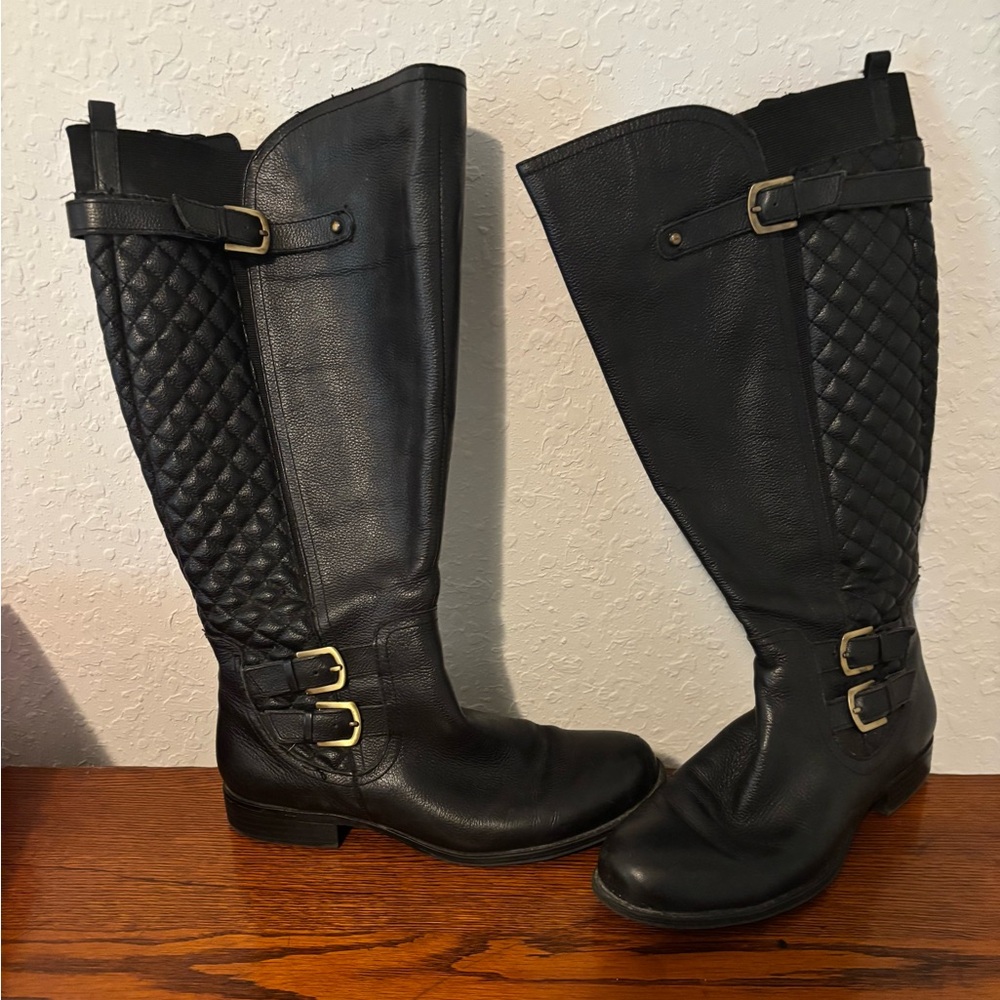 Black Over the Knee Boots with Quilted Pattern and Buckles